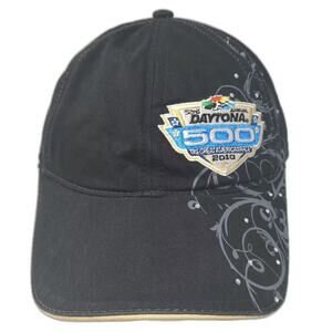 Daytona 500 Hat 2010 Black Beige Baseball Cap OS Strapback NASCAR Rhinestones